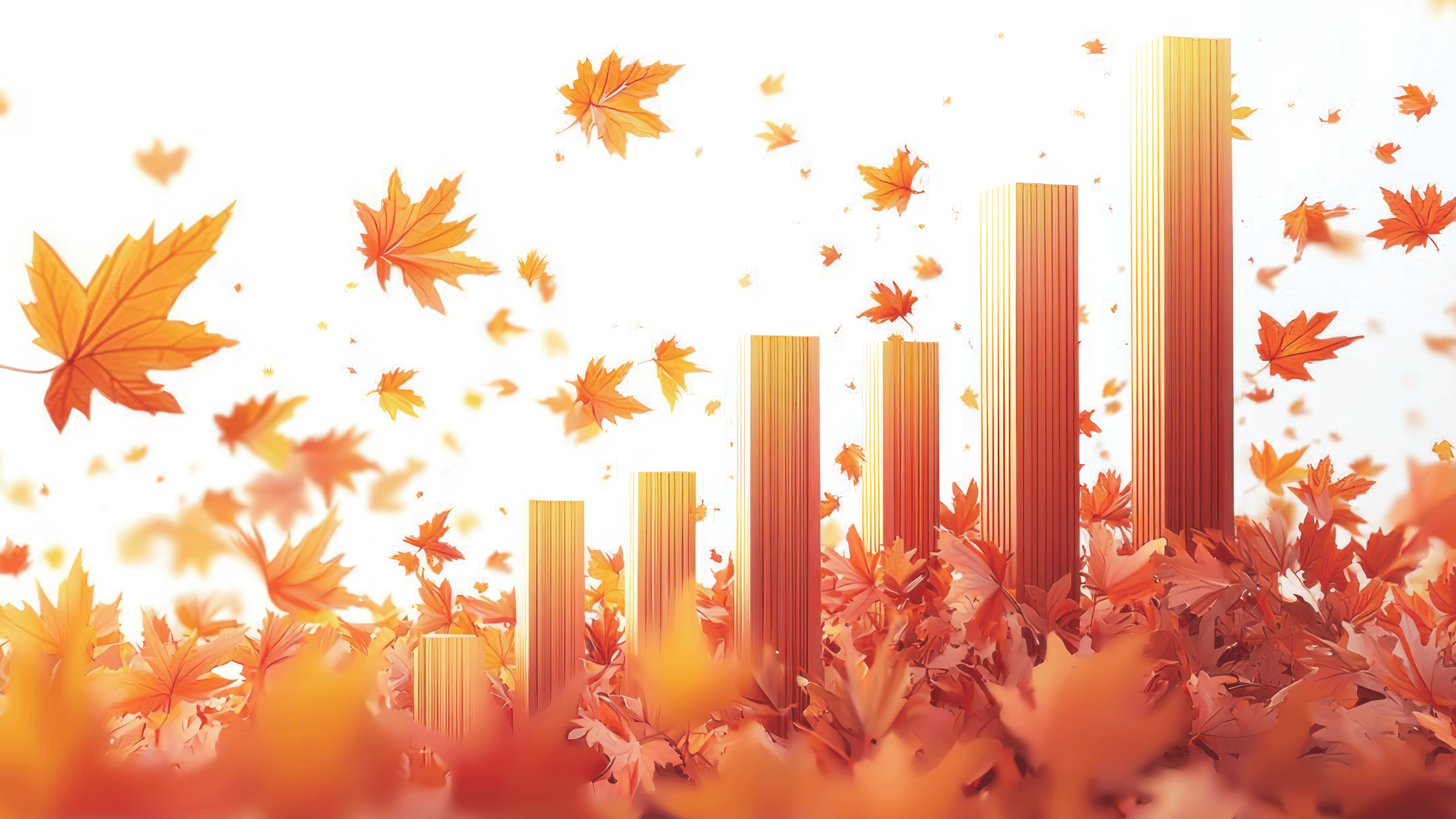Rising bar graph surrounded by autumn leaves, symbolizing fall sales growth trends