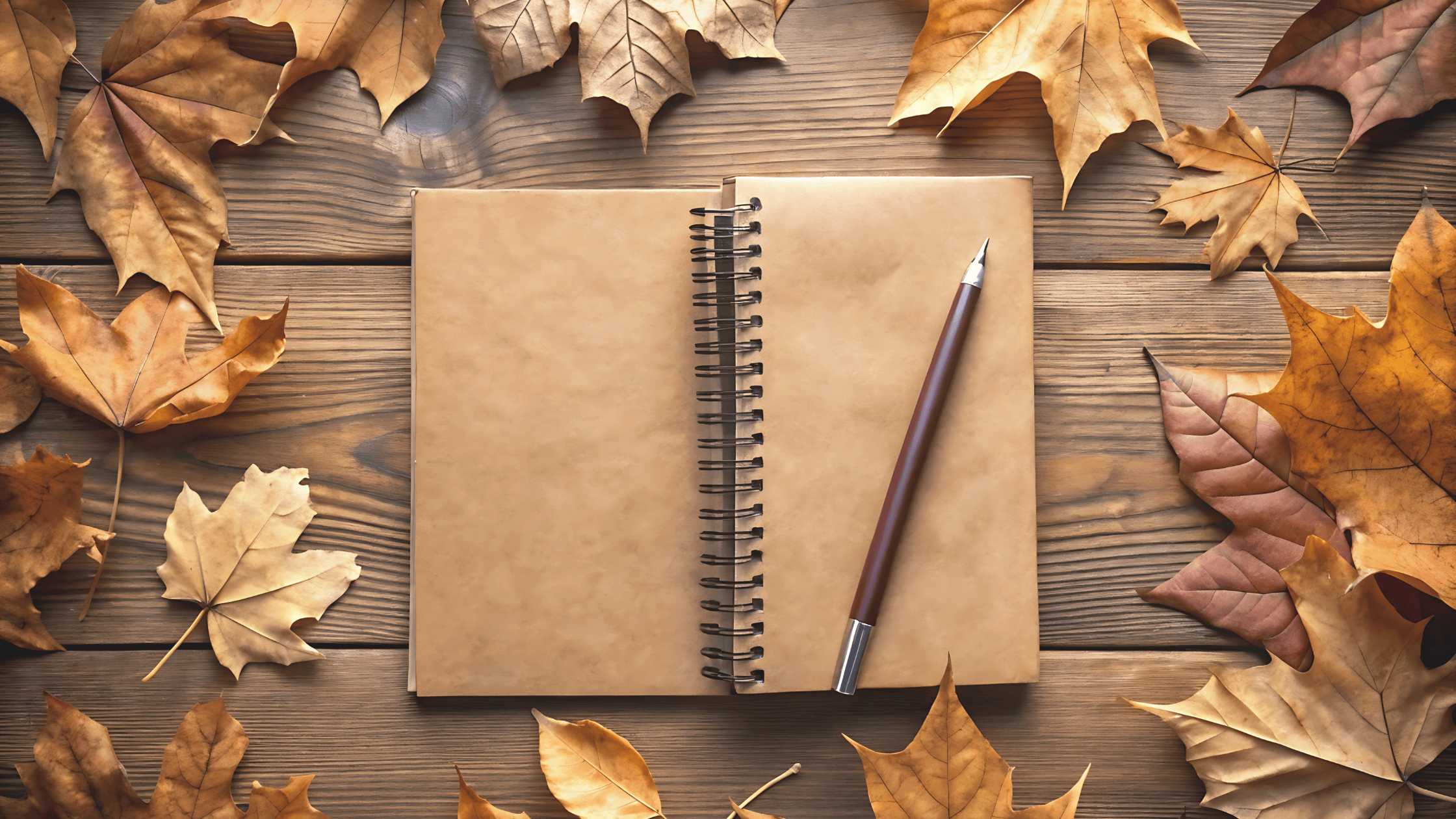 Open spiral notebook on a wooden table surrounded by dried autumn leaves, ready for Q4 planning