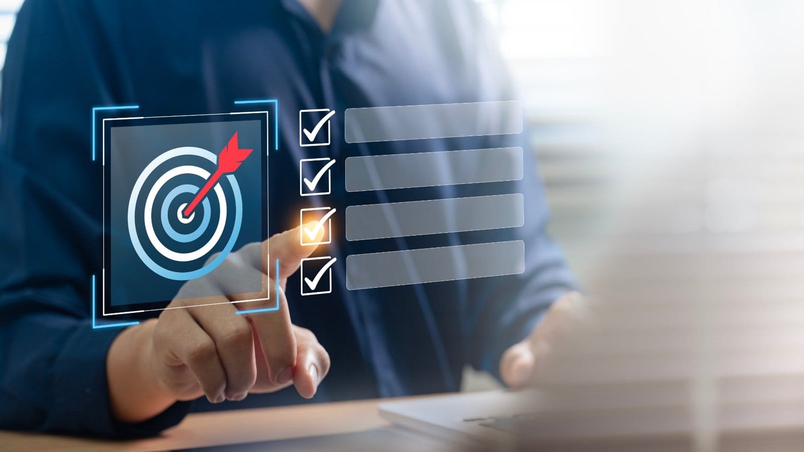 Business professional selecting a sales target checklist on a digital interface, symbolizing B2B sales goals.